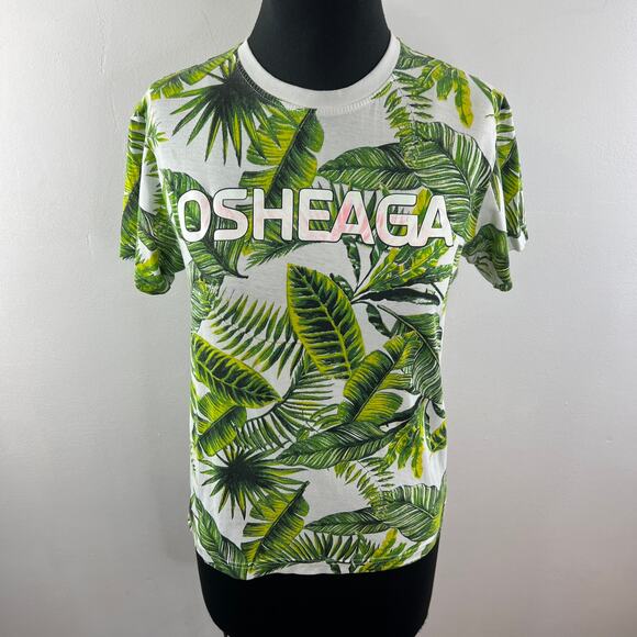 Osheaga White Green Top FESTIVAL Tropical Leaf Graphic Crew Neck Classic Size XS - Picture 2 of 10